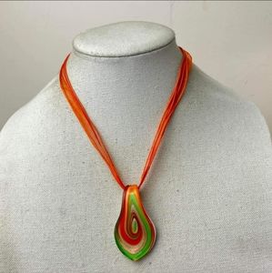 Glass Orange Green Swirled Pendant on orange Ribbon & string necklace